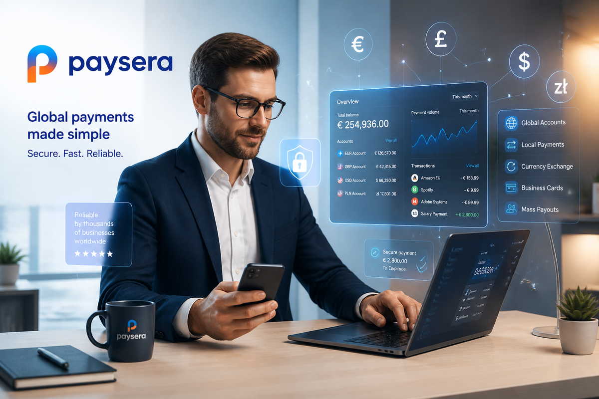 How to set up payments for services via Paysera
You can create a Paysera account and payment account in the official app. The registration process includes:
Providing a valid phone number and country of residence.
Completing KYC verification (filling out a form, providing a scanned copy or photo of your passport, and completing a video identity verification).
Assignment of an IBAN.
For business customers, the monthly fee for using the Paysera payment service is up to €20.
Steps for paying for services via Paysera
To process transactions, use the menu in the business user’s personal account. In the “Account Settings” section, the “Service Management” option is responsible for paying for services via Paysera. The “Collect Online Payments” button allows you to create a solution for a web page, website, or online store that integrates with your e-commerce platform via a plugin.
Enhanced security measures in the payment system often result in restrictions related to transfers from third-party accounts. When making or receiving non-standard transactions, the platform may charge additional fees. add Paysera logo